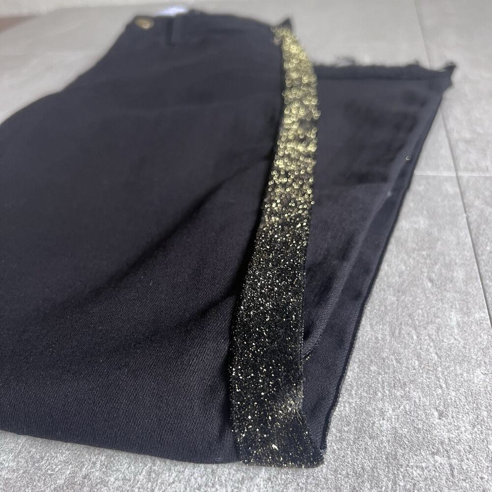 24 FRAME Jeans Black LeHigh Straight Stagger Hem Jeans Velvet Stripe Holiday NYE